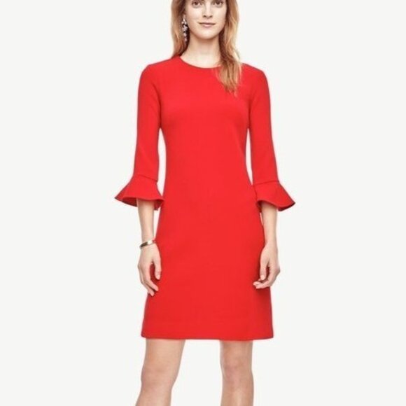 Ann Taylor Red Doubleweave Stretch Knit 3/4 Fluted Sleeve Sheath Dress Size 8 - Picture 6 of 7